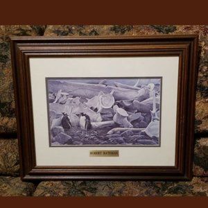 Vintage, Robert Bateman framed wildlife print, "Gentoo Penguins and Whale Bones"